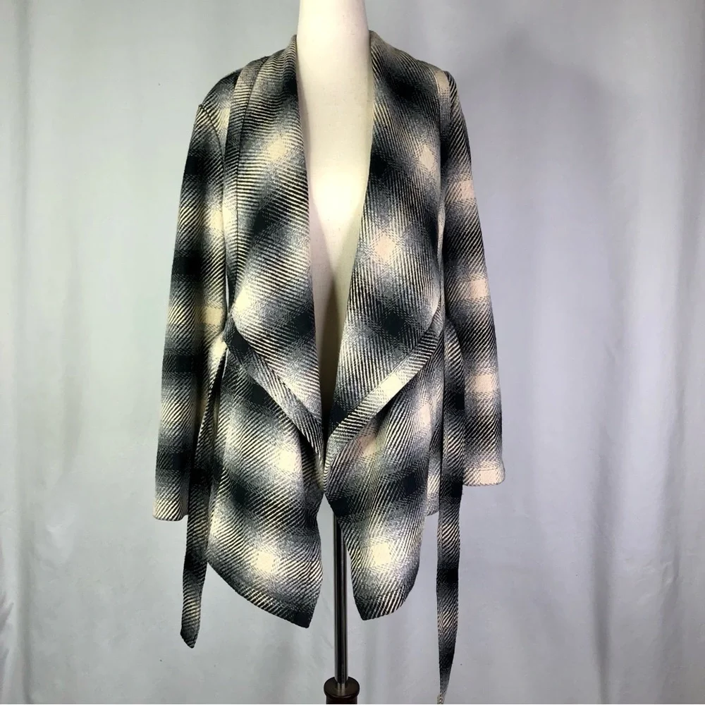 Jack by BB Dakota sweater coat grey plaid shawl collar waist tie open front XS
